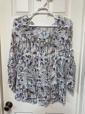 Boho Paisley Peasant Tunic - White with Tan & Black